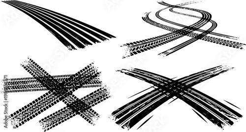 Tire tread marks after skidding, launch, drift, powerslide in motorsport, rally, off-road, motocross. Wheel texture with splash effect. Vector, transparent background EPS version.