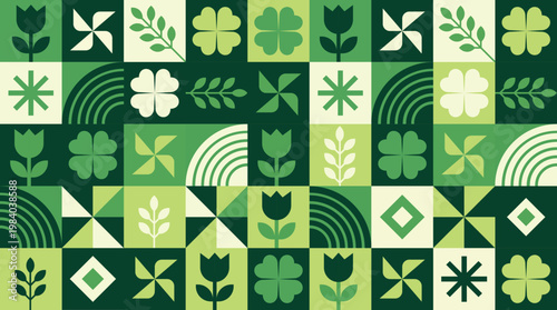 A seamless pattern of stylized green floral and geometric shapes.
