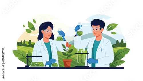 Two scientists in white lab coats and goggles conduct agricultural research by examining plant growth and testing green liquids in beakers.