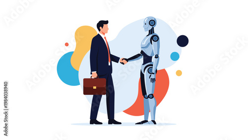 Businessman wearing a suit and carrying a briefcase shakes hands with a sophisticated humanoid robot to symbolize a future of human and AI collaboration.