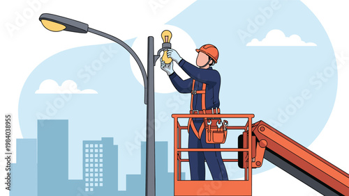 Maintenance worker wearing safety gear and a helmet stands in a cherry picker bucket to replace a light bulb on a tall urban street lamp.