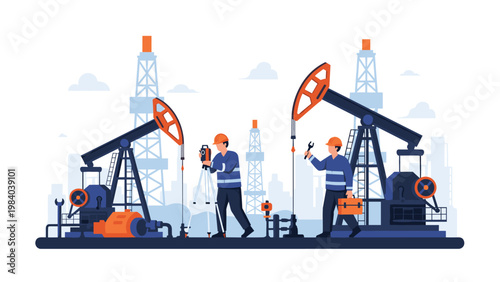 Industrial workers in safety helmets and uniforms operate and maintain oil pump jacks at a large production facility with drilling towers in the background.