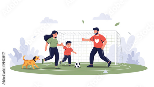 Happy family including a mother, father, and young son play a fun game of soccer on a green field with their excited pet dog running alongside them.