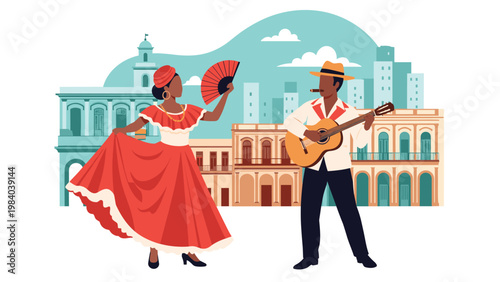 Talented dancers and musicians perform traditional cuban music and dance in a colorful city square surrounded by beautiful historic colonial buildings.