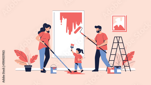 Enthusiastic parents and their young daughter work together to paint a wall in their new home with rollers and brushes while having a fun family time.