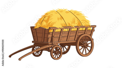 Rustic wooden farm wagon loaded with a massive golden haystack stands ready for transport on a farm against a clean white background.