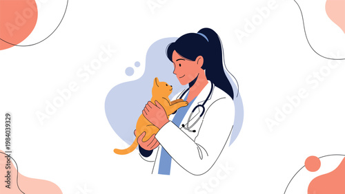 Kind female veterinarian wearing a white lab coat and stethoscope smiles as she gently hugs a ginger cat during a medical checkup at the clinic.