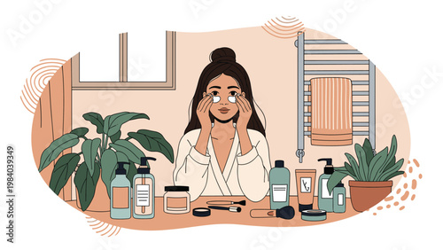 Young woman focuses on her skincare routine by applying under eye patches while sitting at a table filled with various beauty and cosmetic products.