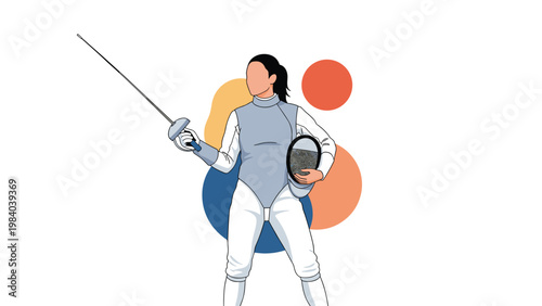 Female fencer in professional gear stands ready for competition while holding her foil and protective mask against a white background.