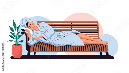 Relaxed woman wearing a white bathrobe and towel sleeps peacefully on a wooden bench after a refreshing spa session at a wellness resort.