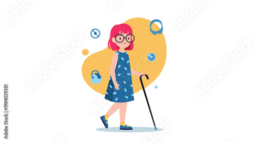 Visually impaired girl with short pink hair and glasses uses a white cane to navigate safely while walking through a bright environment.