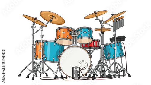 Full professional drum set featuring various cymbals, snare, toms, and a bass drum stands ready for a performance on a white background.