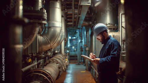 Systems engineer analyzing complex machinery in a dimly lit industrial environment Generative AI