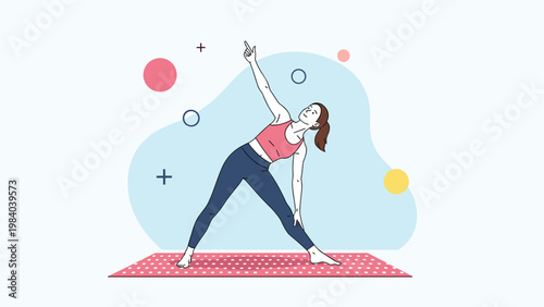 Fit woman practices the triangle yoga pose on a pink mat while maintaining balance and focus in a bright and airy studio environment.