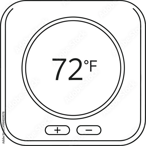 Modern vector graphic illustration of a thermostat displaying seventy-two degrees Fahrenheit temperature setting