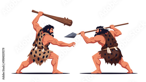 Two prehistoric cavemen clad in animal skins engage in a primitive battle using a wooden club and a sharp stone-tipped spear.