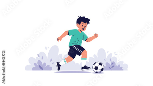 Energetic young boy in a green jersey dribbles a soccer ball across a grassy field during an active and fun outdoor play session.