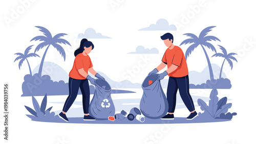 Environmental volunteers work together on a sandy beach to collect plastic trash and recyclables into large bags for ocean conservation.
