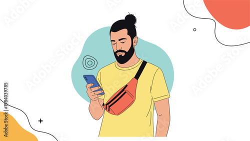 Modern man with a stylish beard and hair bun checks messages on his smartphone while standing outdoors against a colorful background.