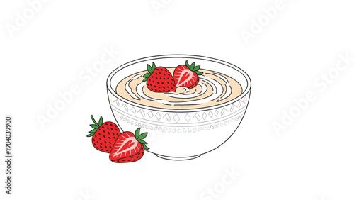 Nutritious and fresh bowl of white yogurt topped with ripe strawberries makes for a perfect light meal or healthy snack during the day.