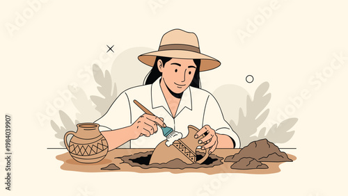 Focused female archaeologist wearing a sun hat carefully brushes dirt off an ancient decorated pot at an outdoor excavation site.