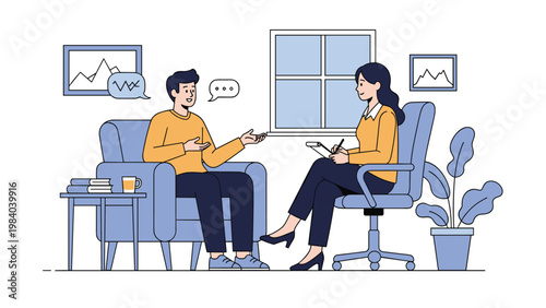 Male patient discusses mental health challenges with professional female therapist in a comfortable office setting.