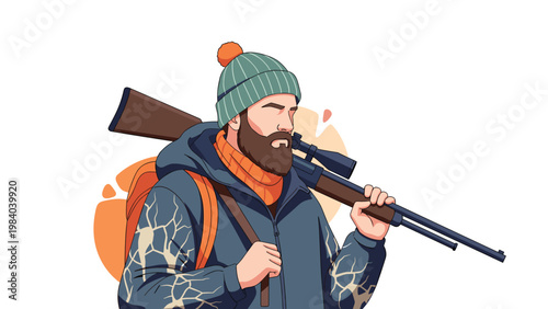 Rugged hunter wearing a winter hat and camo jacket carries a rifle with a scope and an orange backpack while walking through the snow.