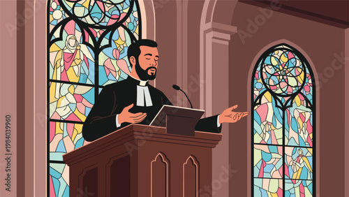 Catholic priest delivers a sermon from a wooden pulpit inside a church with beautiful stained glass windows background.