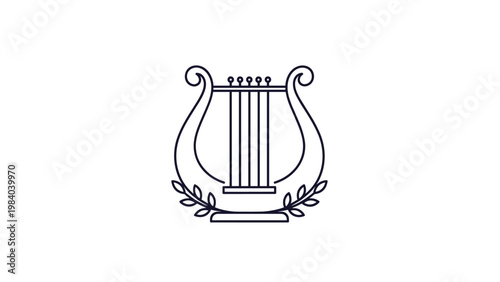 Elegant line art illustration of a classical lyre instrument surrounded by a laurel wreath symbolizing music and art.