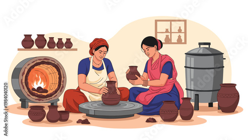 Two skilled women working together in a traditional pottery studio shaping clay pots on a spinning wheel near a kiln.