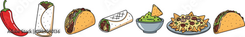 Mexican food horizontal vector collection with taco burrito wrap nachos guacamole chili pepper colorful hand drawn cartoon style isolated elements for menu design