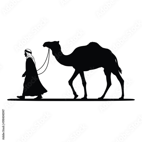 Silhouette of a person in traditional Arabic clothing leading a camel across a flat surface representing a desert landscape and journey vector on white background