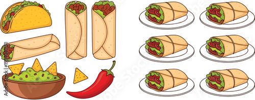 Mexican food vector set featuring tacos burritos wraps nachos guacamole chili pepper isolated cartoon style illustrations for menu design and food branding