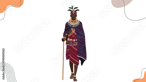 Traditional Maasai warrior in colorful tribal clothing and ornate jewelry standing with a walking stick in a minimalist frame.