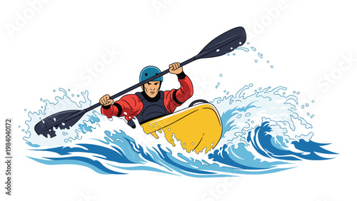 Brave kayaker in a yellow boat navigating through powerful white water waves and river rapids during extreme sport activity.