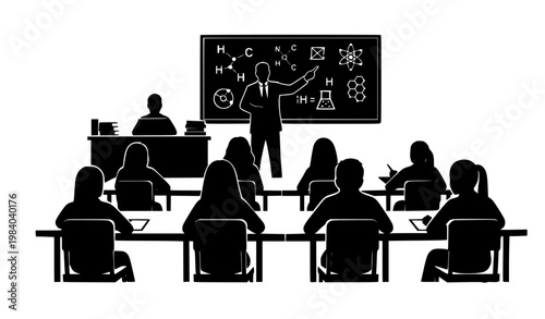 Black and White Science Classroom Vector Illustration with Teacher and Students Learning
