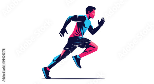 Dynamic illustration of an athletic man sprinting forward with intense speed and energy shown through vibrant blue and pink tones.