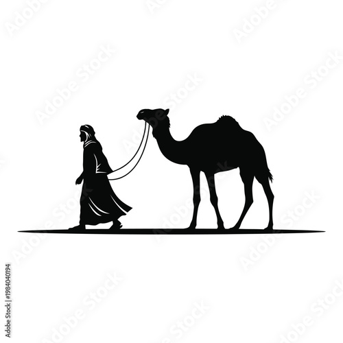 Silhouette of a person in traditional clothing walking with a camel symbolizing desert travel and companionship artfully rendered