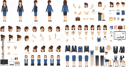 Business woman character vector creation set with poses gestures outfits office elements and emotions customizable corporate avatar kit isolated for animation and design use