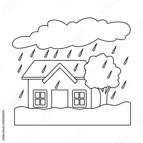 Flood vector illustration, line art coloring page, rainy house weather storm line illustration icon, heavy rain on house coloring page, flood clip art, natural disaster line drawing vector illustratio