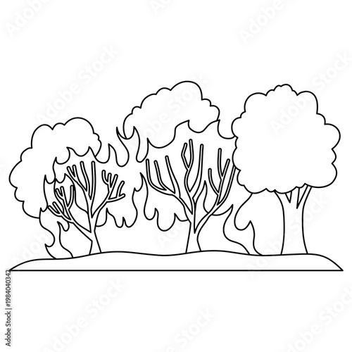 Fire disaster vector illustration, line art coloring page, wildfire outline sketch icon, wildfire clip art, forest fire clip art, natural disaster line drawing vector illustration, isolated on white b