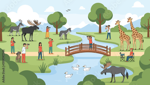 Diverse group of people visiting a wildlife park to observe and take photographs of animals like giraffes and moose and ducks by a river.