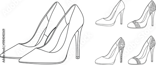 Elegant high heel shoes outline vector set with classic pumps and decorative stilettos fashion footwear illustration isolated for retail catalog and design use