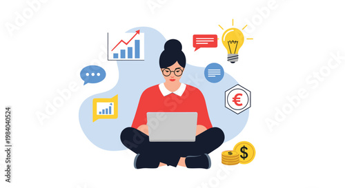 Freelance woman working on a laptop is surrounded by various business icons like charts, lightbulbs, money, and colorful speech bubbles.