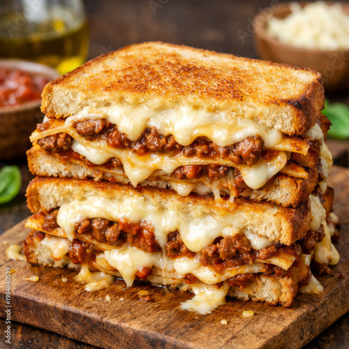 Lasagna Grilled Cheese Sandwich With Melted Mozzarella And Meat Sauce