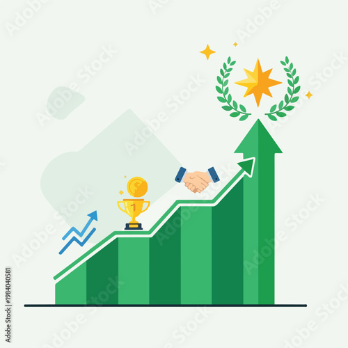 Trophy on a growing graph chart.
