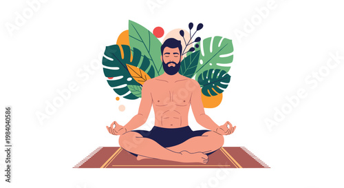 Bearded man sits in a lotus yoga pose for meditation surrounded by large tropical green leaves and abstract shapes in a peaceful scene.