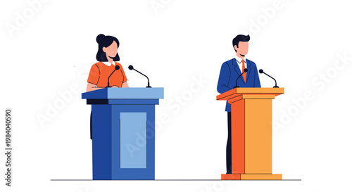 Two political candidates stand at blue and orange podiums with microphones while engaging in a public debate or a press conference.