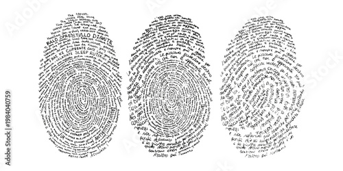 Three distinct fingerprint shapes composed entirely of handwritten text on a plain white background