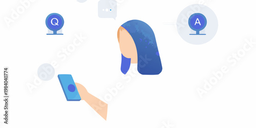 Abstract illustration of a woman interacting with question and answer icons